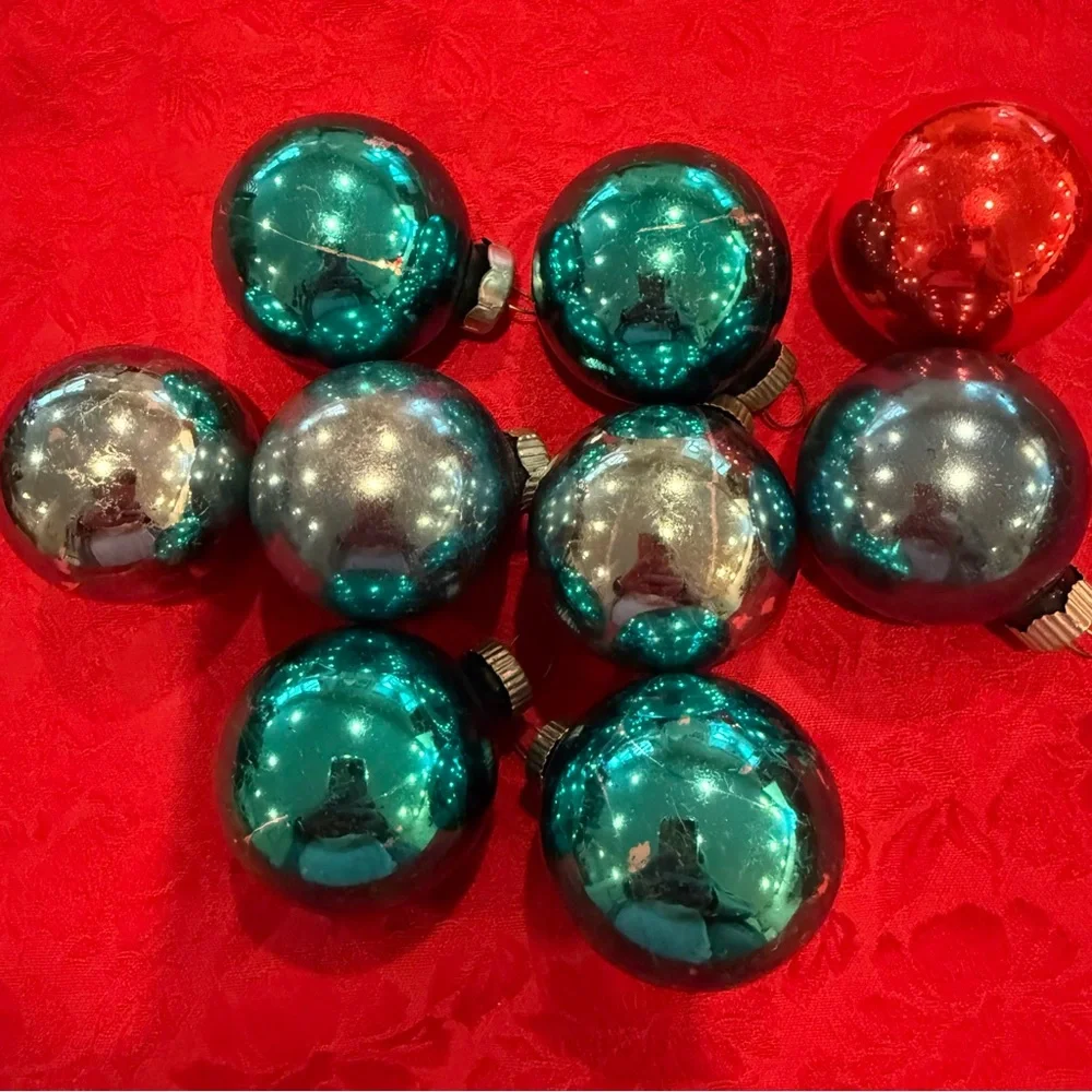 Vintage 9 Shiny Brite Christmas Ornaments Green Blue